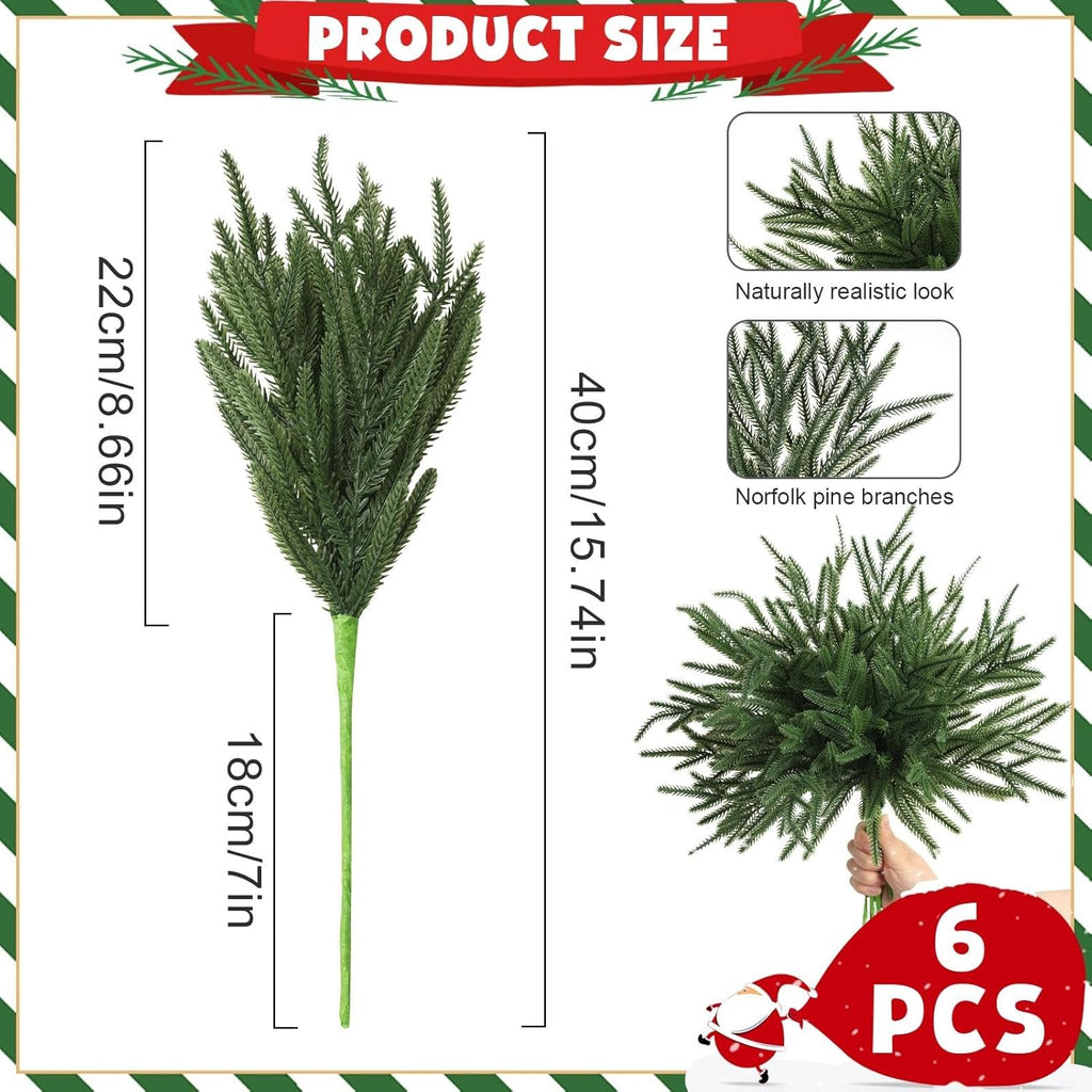 6 Pcs 18" Real Touch Artificial Norfolk Pine Branches - Faux Cedar Pine Picks Christmas Greenery Stems for DIY Garland Wreath, Vase Arrangement, Mantel - Indoor Outdoor Xmas Home Decor