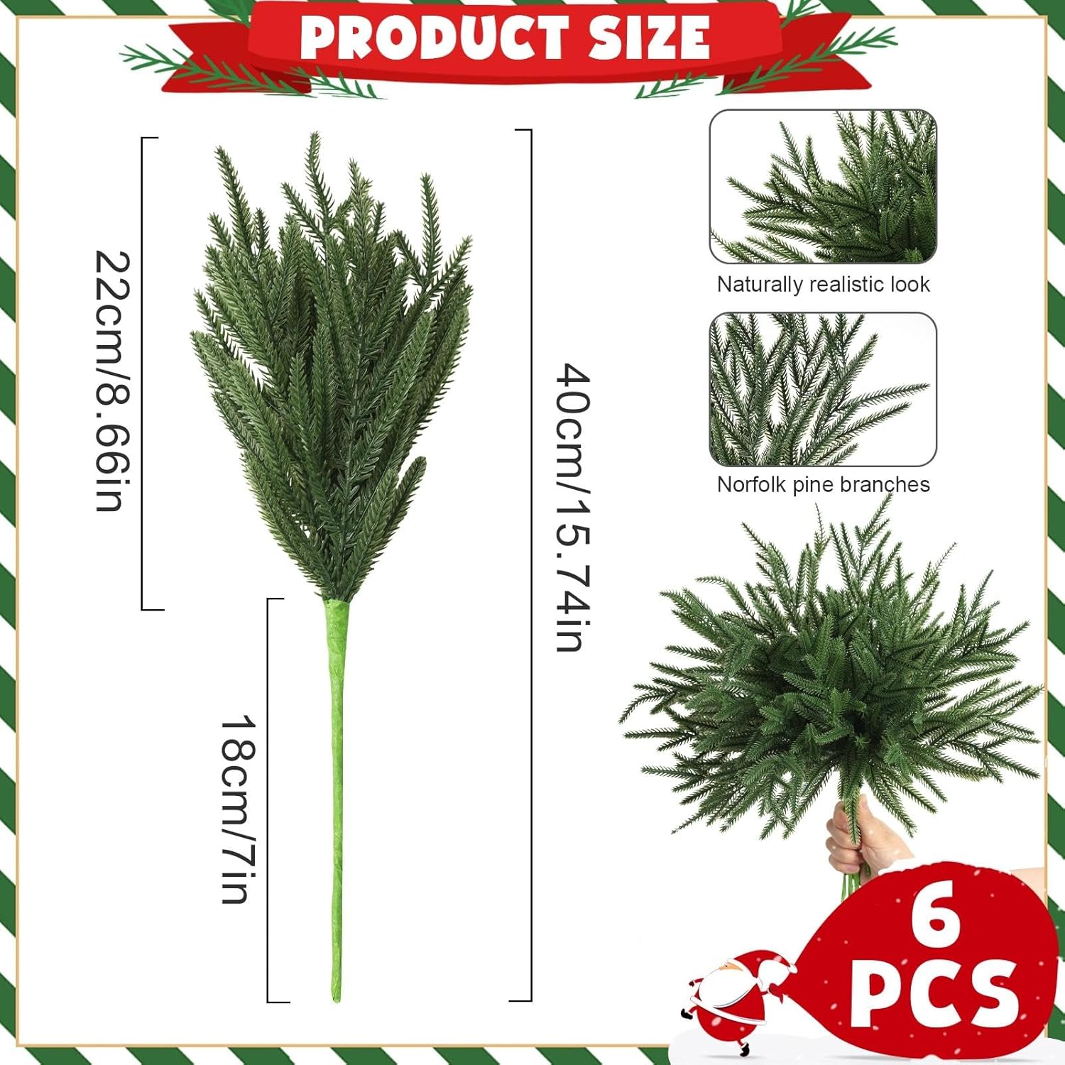 6 Pcs 18" Real Touch Artificial Norfolk Pine Branches - Faux Cedar Pine Picks Christmas Greenery Stems for DIY Garland Wreath, Vase Arrangement, Mantel - Indoor Outdoor Xmas Home Decor