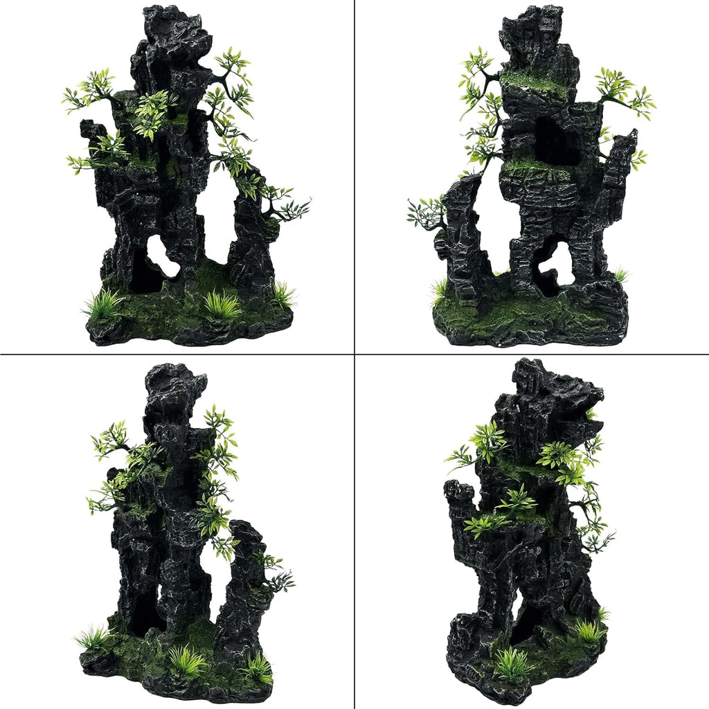 Large and Tall Fish Tank Decorations Aquarium Mountain View Stone Decorations Resin Rock Aquascaping with Hiding Cave, Fish Tank Accessories Aquarium Ornaments with Small Plants (C)