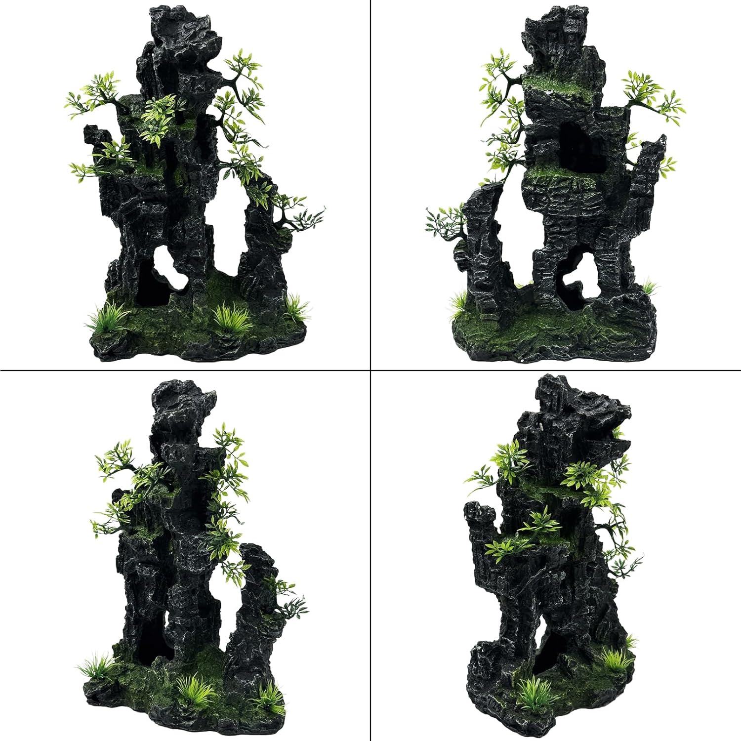 Large and Tall Fish Tank Decorations Aquarium Mountain View Stone Decorations Resin Rock Aquascaping with Hiding Cave, Fish Tank Accessories Aquarium Ornaments with Small Plants (C)