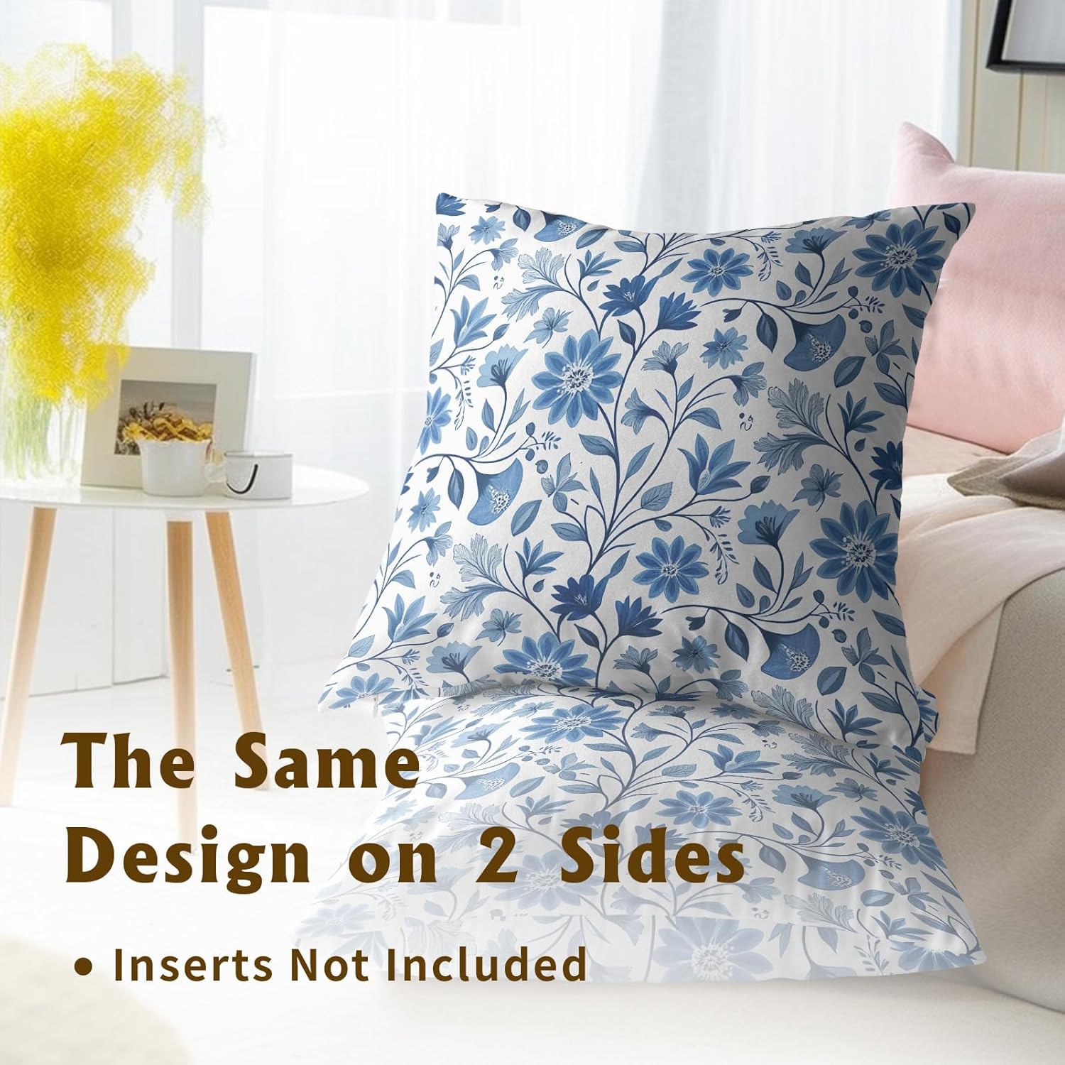 Boho Chic Blue Floral Throw Pillow Covers Set of 2 Ultra-Soft All-Season Pillow Shams with Hidden Zipper,Durable for Sofa Bed Car Decor & Gift Luxury 18x18IN