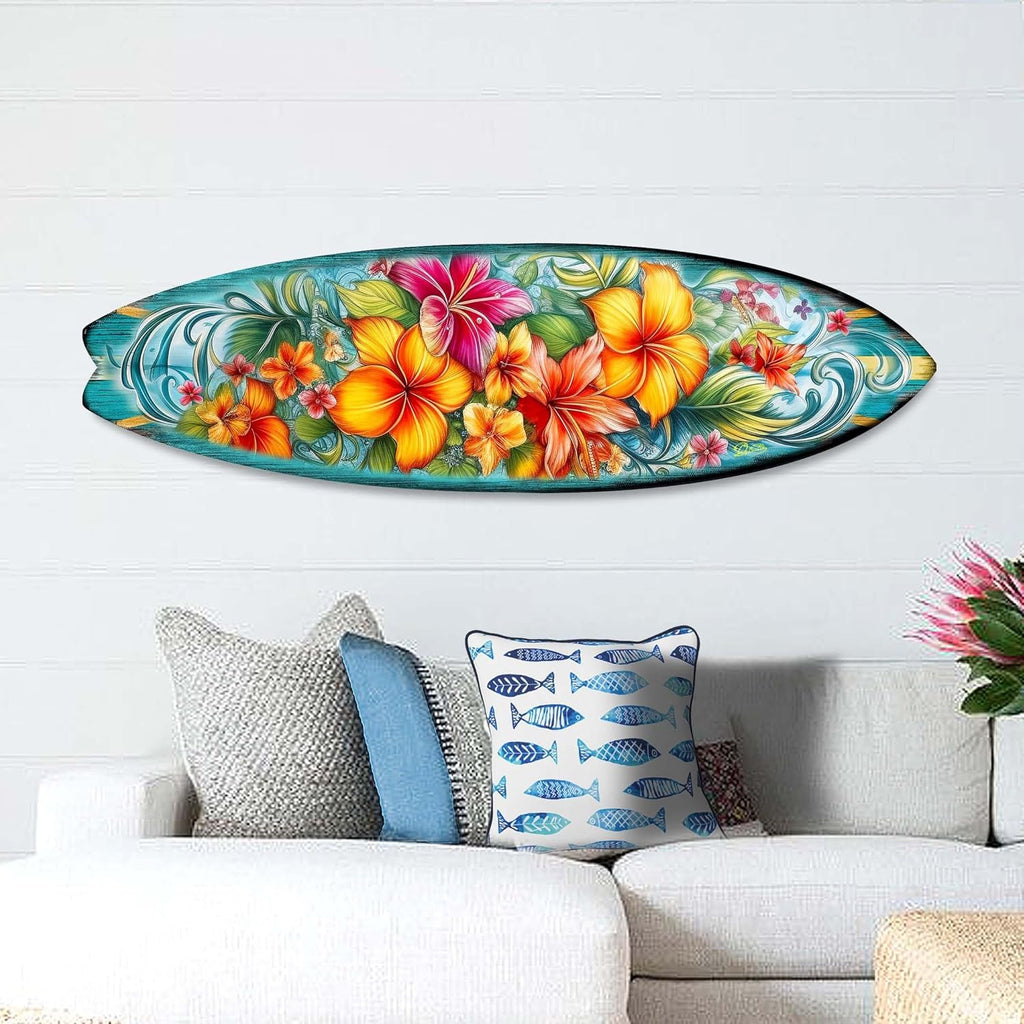 24-inch Hawaiian Flowers Surfboard Wall Art, Handcrafted Coastal Holiday Décor by G. Debrekht