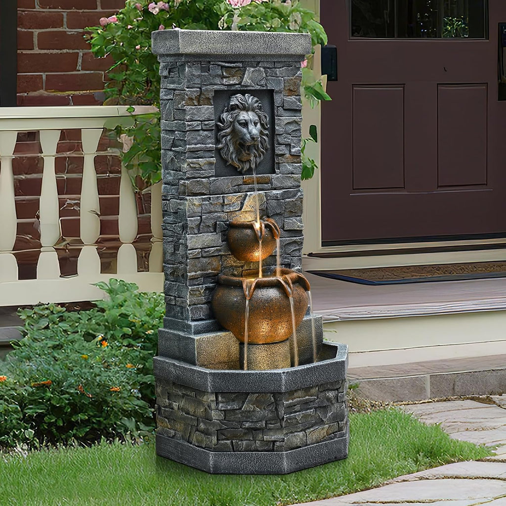 42'' Outdoor Garden Floor-Standing Water Fountain Lion Head Stone with Lights Outdoor Waterfall for Patio, Backyard, Deck, Porch and Home Art Decor