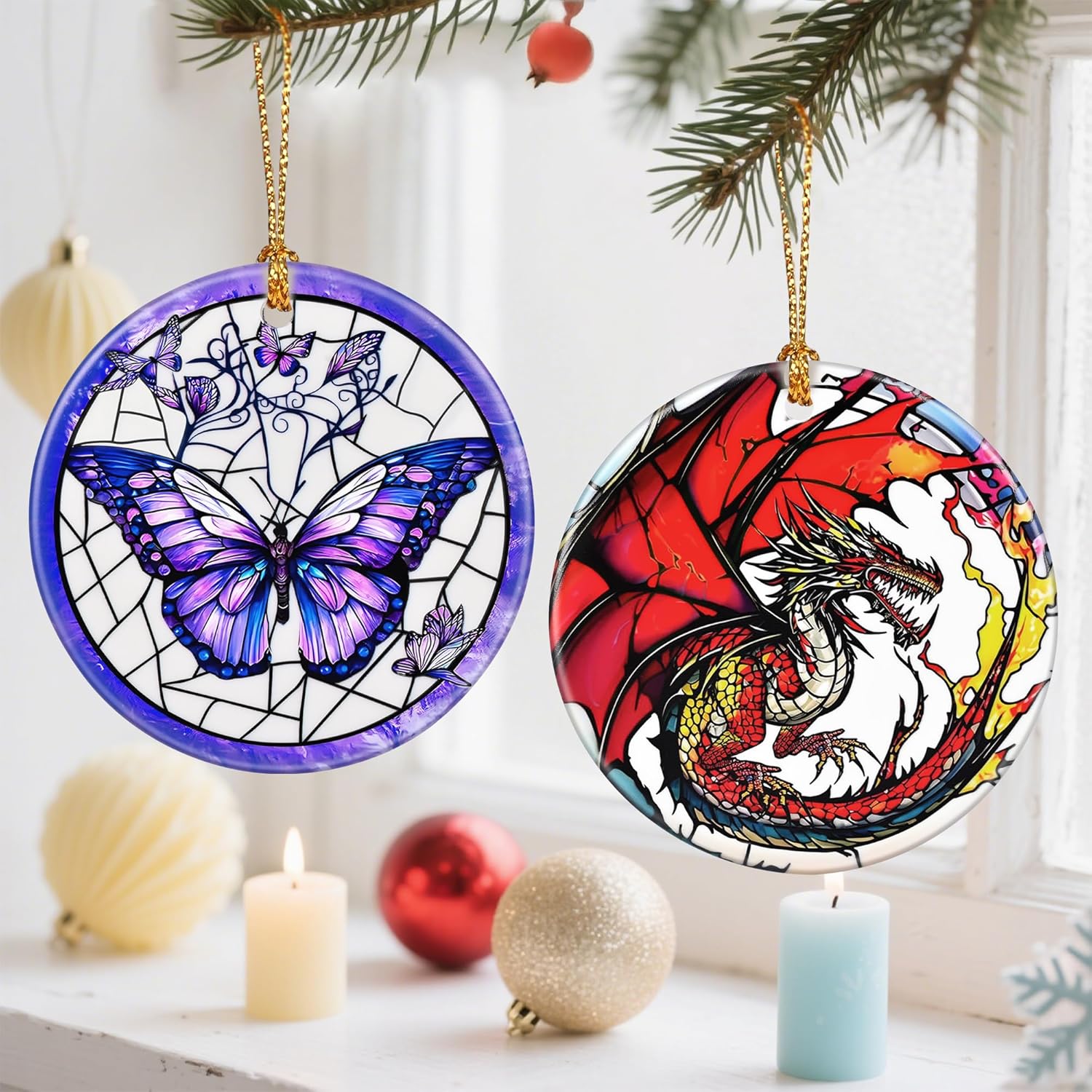 Ceramic-Style Christmas Tree Decorations, Christmas Ornaments, Double-Sided Printed Ornament Keepsakes, Holiday Decor. Xmas Gifts, Gifts for Butterfly Lovers - Butterfly-Themed