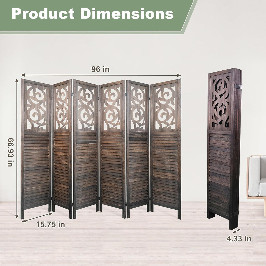 6 Panel Room Dividers 6FT Wall Divider Carved Wood Room Separator Folding Privacy Screens Cutout Design Foldable Partition Wall for Office Restaurant, Studio Apartment, Rustic Brown