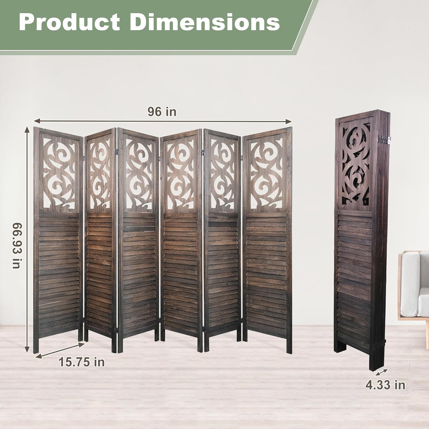 6 Panel Room Dividers 6FT Wall Divider Carved Wood Room Separator Folding Privacy Screens Cutout Design Foldable Partition Wall for Office Restaurant, Studio Apartment, Rustic Brown