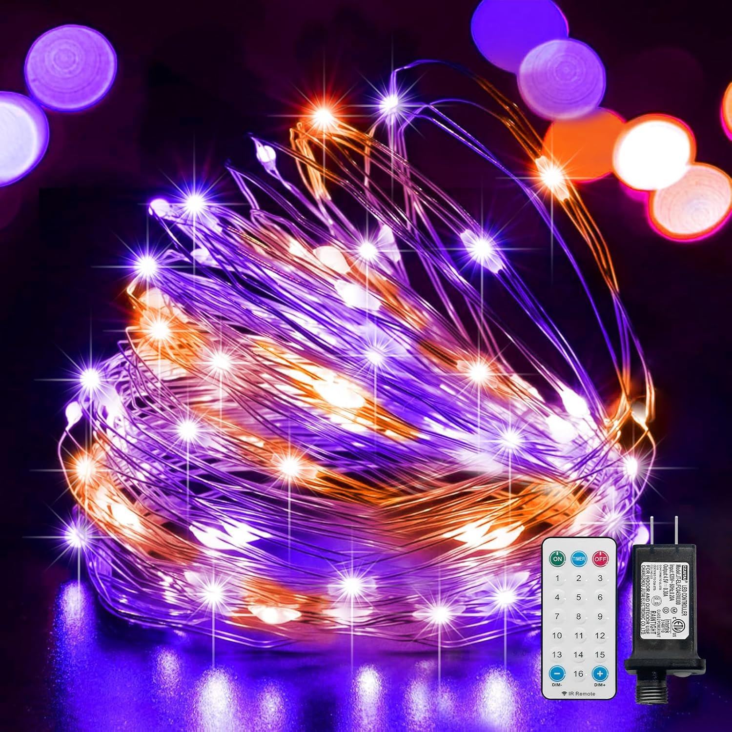 LAMPHOME Halloween Fairy Lights Plug in, 33Ft 100 LEDs Waterproof Twinkle Firefly Lights, Adaptor Included, Starry String Lights for Wedding Indoor Outdoor Christmas Patio Garden, Orange and Purple