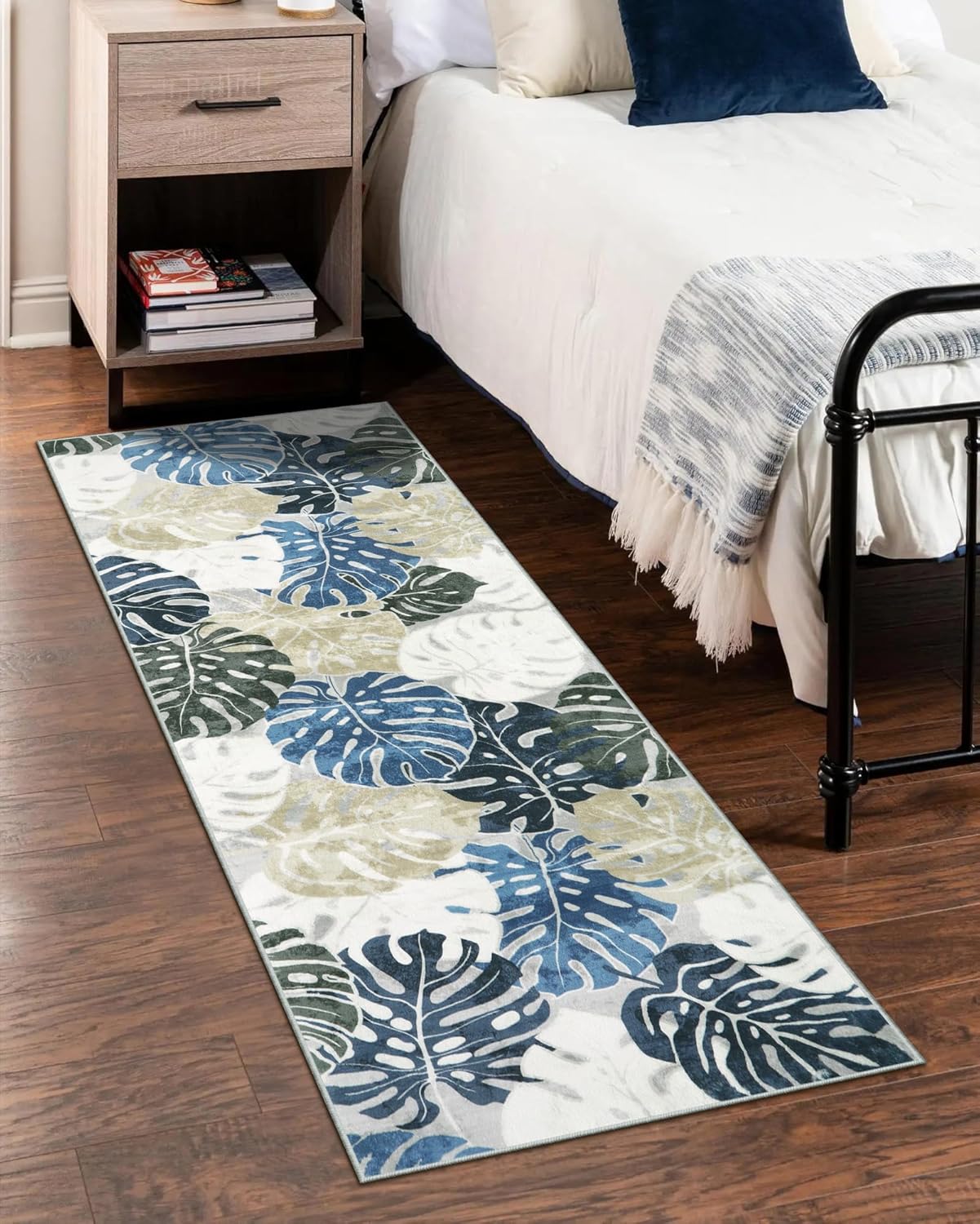 Wonnitar 2x6 Washable Runner Rug, Blue Leaf Kitchen Rug Runner with Rubber Backing, Tropical Coastal Low Pile Entry Carpet Soft Non-Shedding Bedside Mat for Bedroom Entrance Laundry