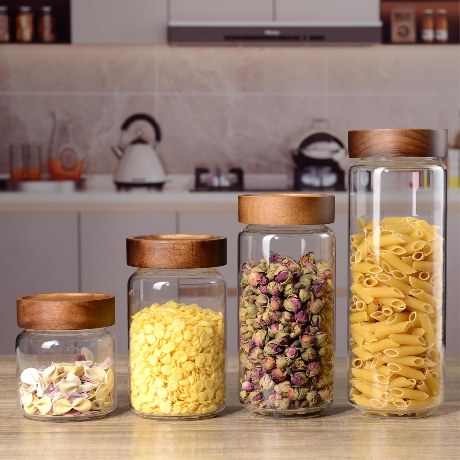30 fl oz/900 ml Glass Jar with Airtight Wooden Screw Top Lid, Clear Stackable Food Storage Canister, Large Tall Decorative Glass Container for Coffee, Candy, Cookie, Sugar, Oatmeal, Pasta
