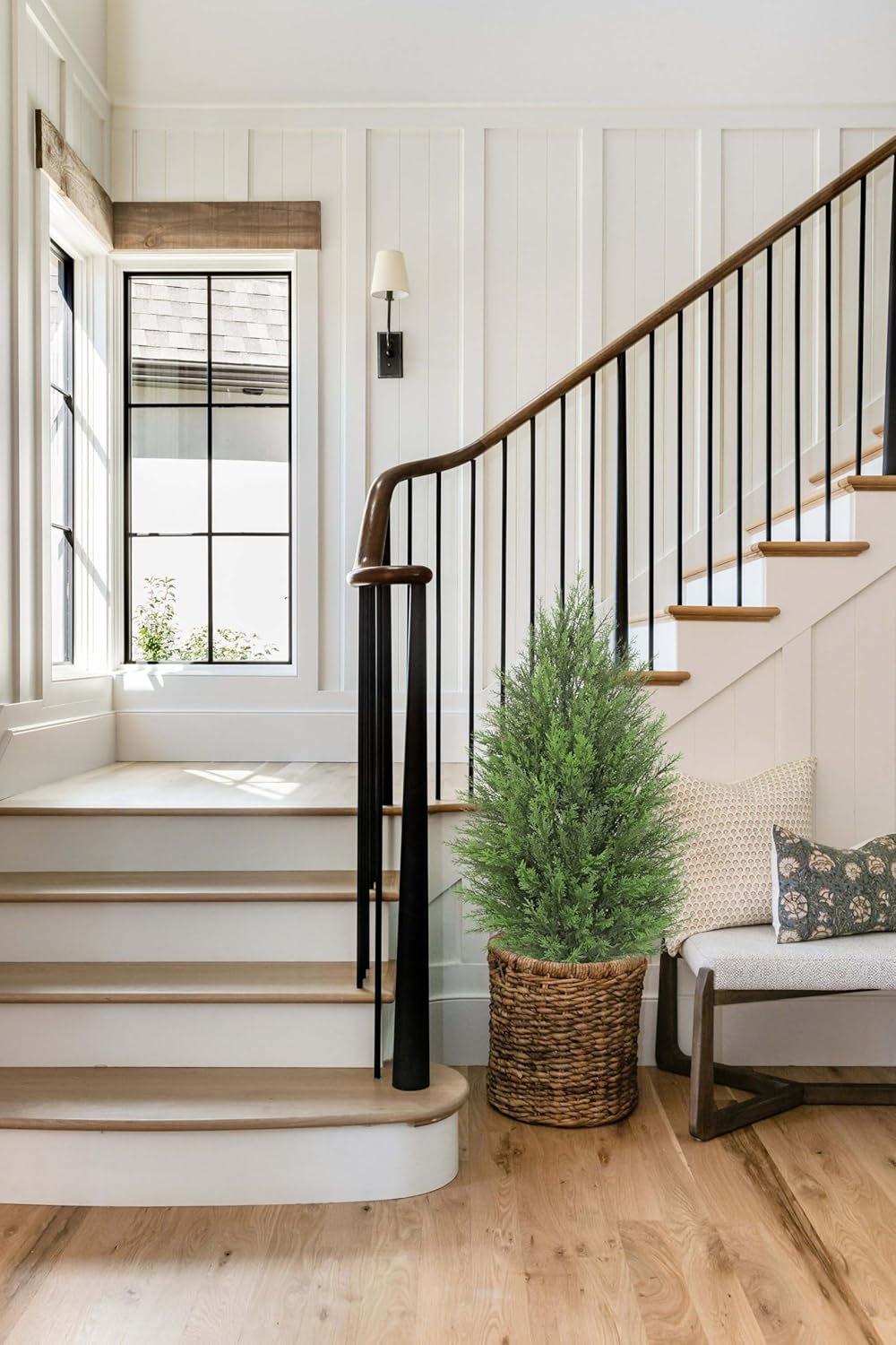 Briful 2PCS 3ft Artificial Cedar Topiary Trees in White Planter – Compact Faux Evergreen Potted Plants with Dense Realistic Layered Leaves, Lifelike Fake Cypress Trees for Home, Office, Patio, Porch
