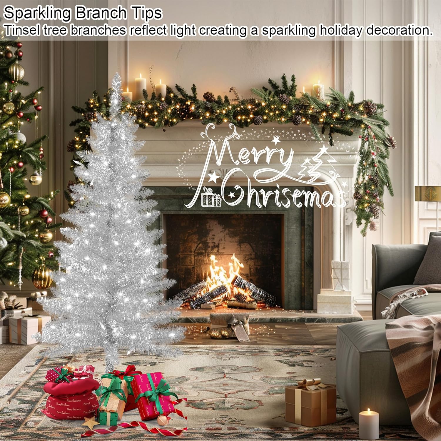 4ft Artificial Full Silver Christmas Tree with Separate Lights, Not Pre-lit Mini Silver Tinsel Pine Christmas Tree, 50 Lights, Small Xmas Tree for Home, Office, Party Decoration, Indoor