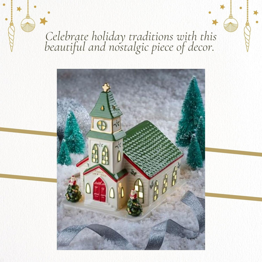 Spode Christmas Tree Miniature Christmas Village Figural Decoration, LED Lighted Christmas Village Set, Ceramic Holiday Decor - Dolomite Christmas Collectible for Indoor Display (Church)
