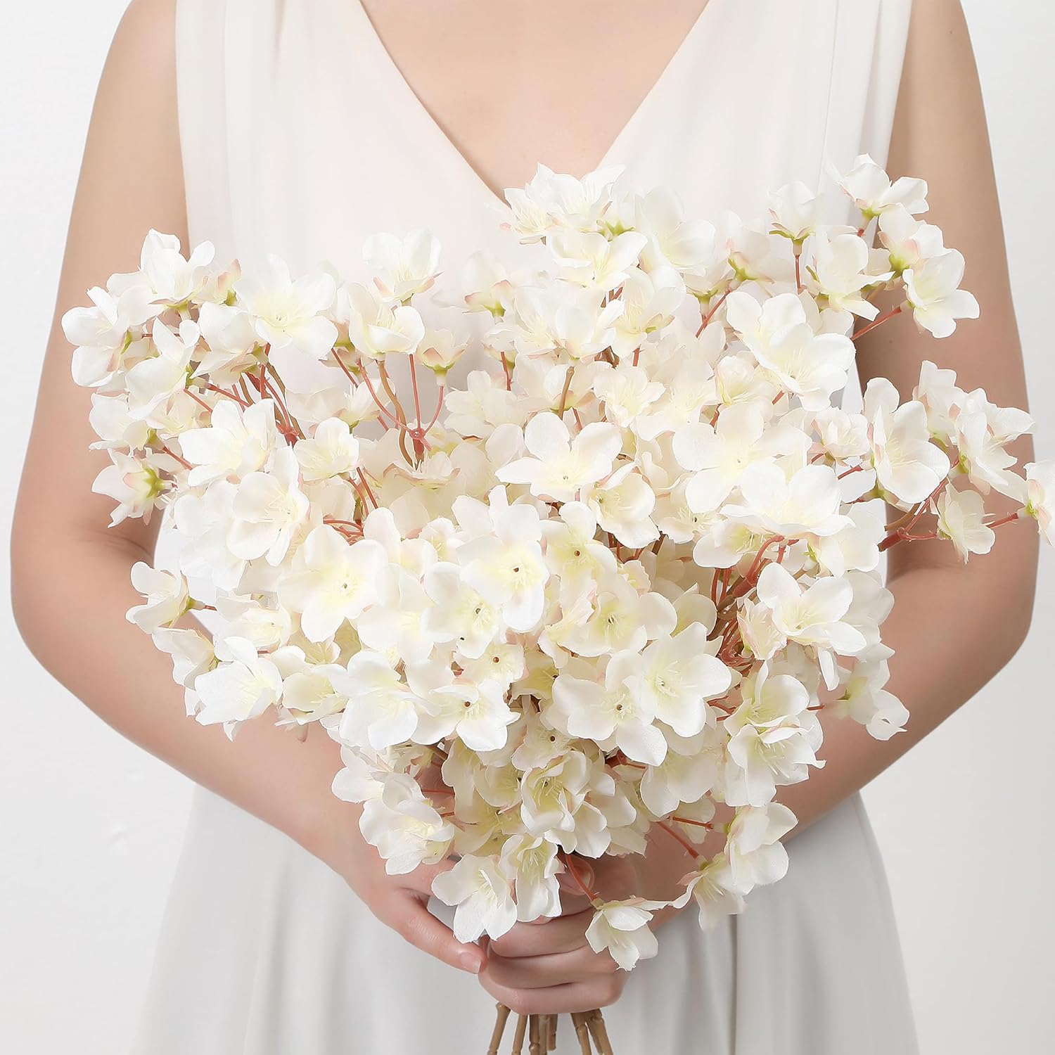 SITUMEIZI 6Pcs Artificial Cherry Blossom Branches Decor Fake Flowers 16" Silk Faux Flowers for Decoration Spring Peach Bouquet Home Wedding Bedroom Party Japanese Garden Table Centerpiece Decor(White)