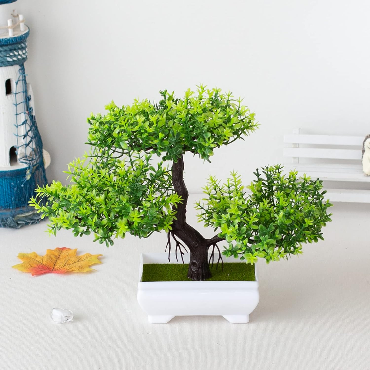 Mini Artificial Bonsai Tree Plants Artificial Plant Welcome Pine Tree with Plastic Cement Pots for Home Office Décor (Green)
