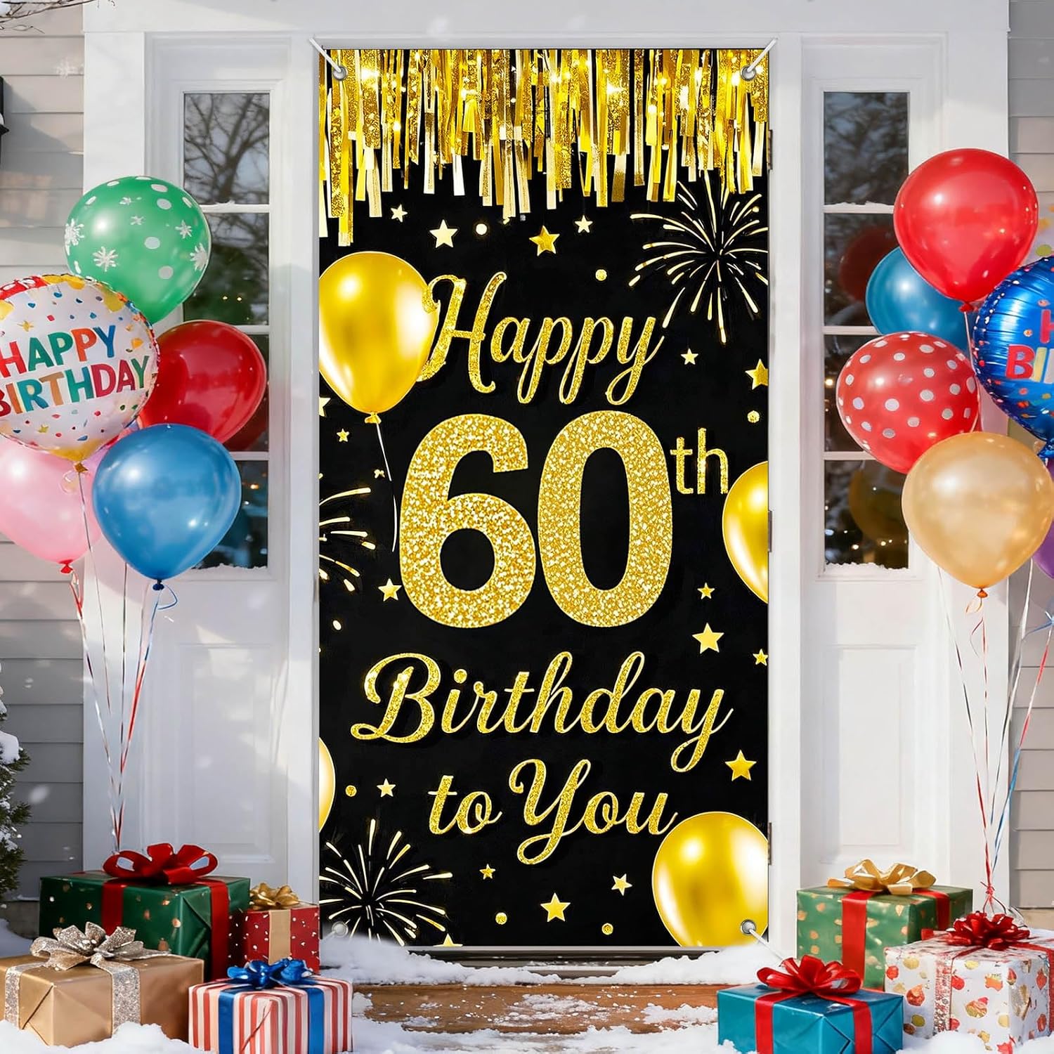 IVN 60th Birthday Door Cover 71x35 Inch Black Gold Birthday Banner for Party Decorations Balloons Stars Fireworks Backdrop Sign for Men Women Photo Booth Prop Wall Decor