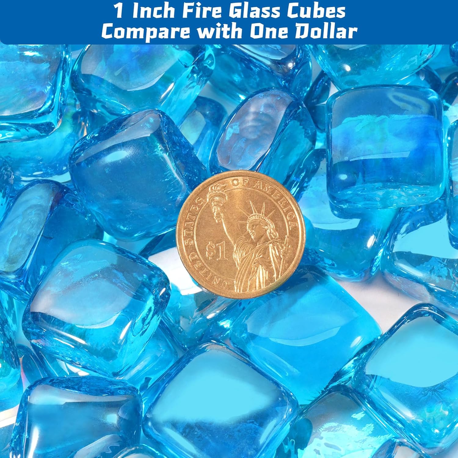 Fire Glass Cube, Fire Pit Rock Square for Indoor or Outdoor, Gas or Propane Firepit or Fireplace, Heat Resistant, No Poping or Breaking, Tempered Glass Bead, Caribbean Blue, 20lb
