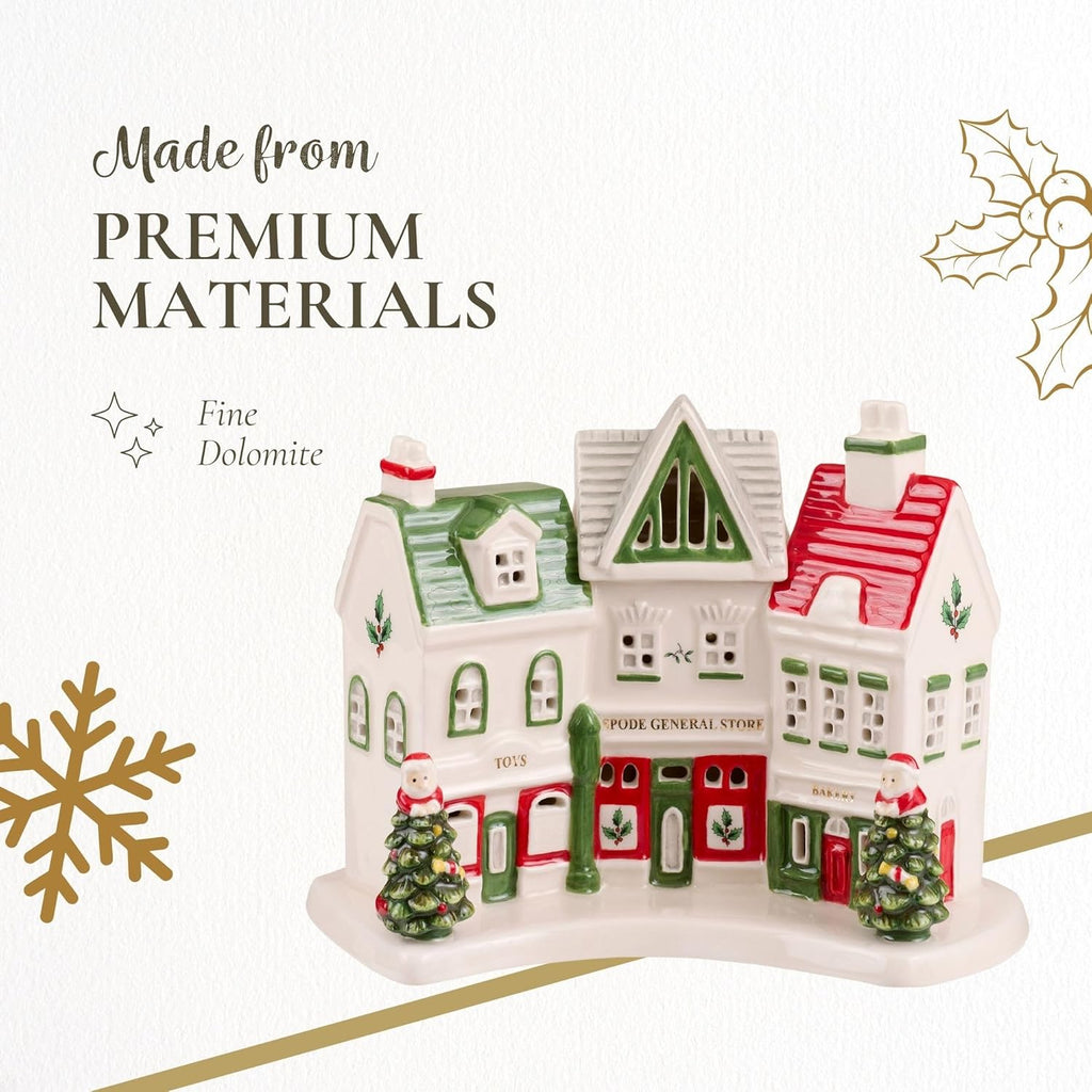 Spode Christmas Tree Miniature Village Figural Decoration - LED Lighted Set, Ceramic Holiday Decor - Dolomite Collectible for Indoor Display (Shoppes)