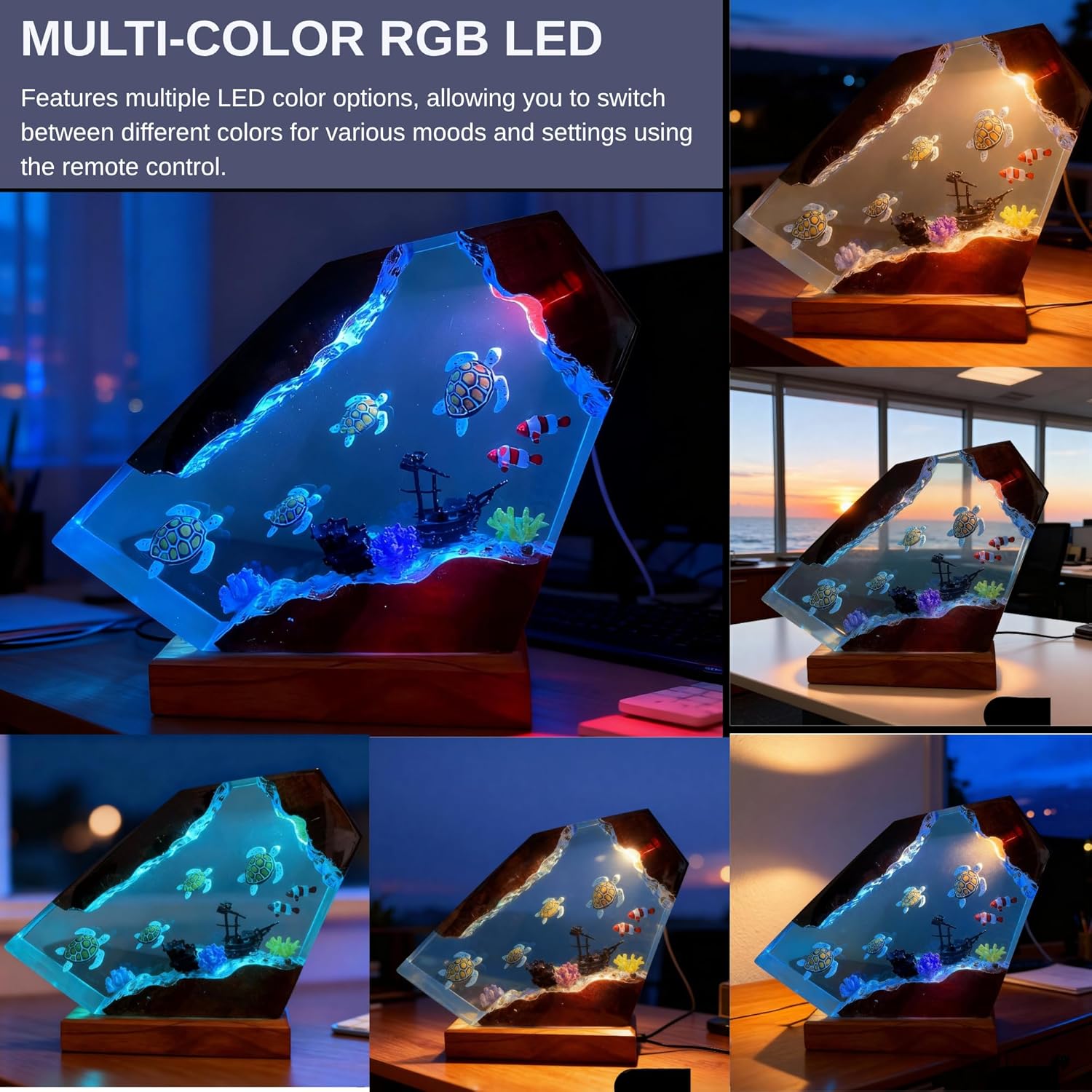 Ocean Resin Lamp – Resin Art Night Light with 16 Color LED, USB Powered Whale Shark & Turtle Desk Lamp with Wooden Base & Remote,Handmade Gift for Christmas, New Year