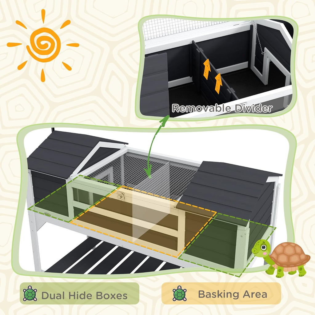 PawHut Tortoise Habitat with Adjustable Lamp Holder, Wooden Tortoise Enclosure with Storage Shelf, Dual Main Houses, Attached Tray, Openable Lid, Gray