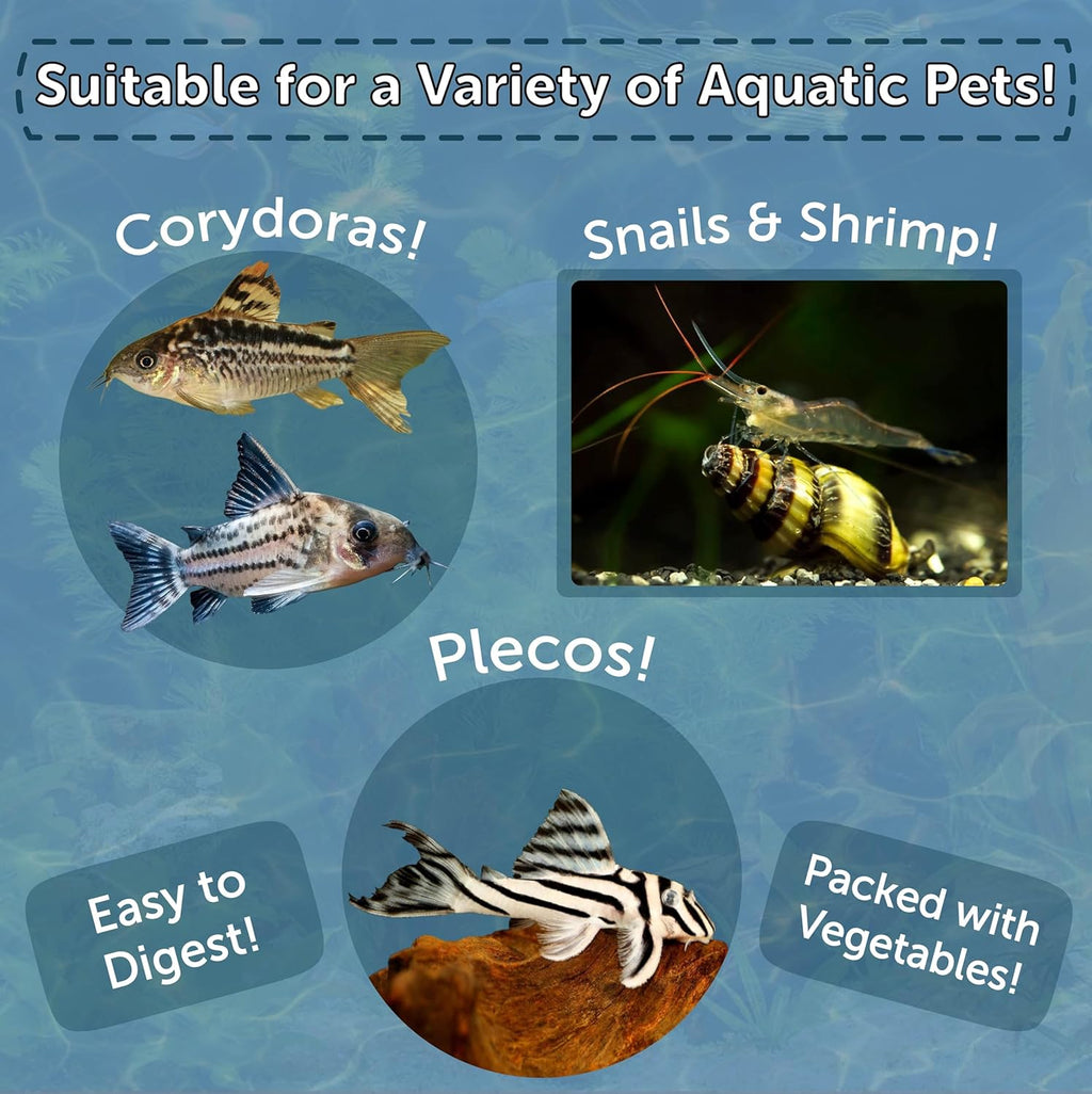 Aquatic Foods Inc. 12mm - 1/2" Small Sinking Wafers of Spirulina, Algae & Veggies for Plecos, Catfish, Shrimp, Snails, Crabs, Crayfish, 12-Type Pellet Mix & 4-Type Wafer Mix Included..4.9oz Canister