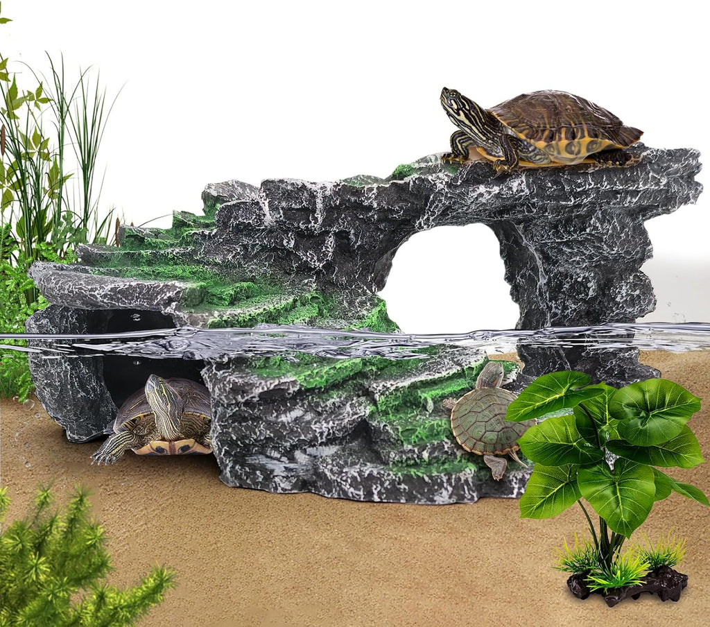 Turtle Basking Platform Kit, Reptile Habitat Hideout, Decorative Resin for Aquarium & Terrarium, Including Artificial Plant and Cleaning Brush. (B-Medium-Black)