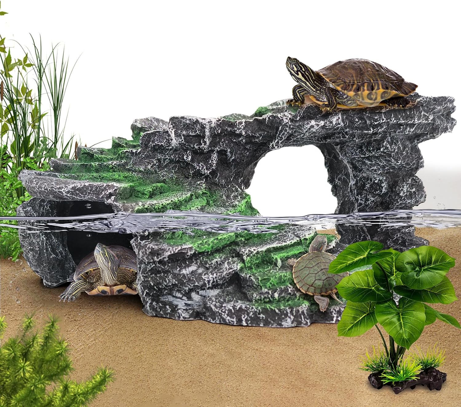 Turtle Basking Platform Kit, Reptile Habitat Hideout, Decorative Resin for Aquarium & Terrarium, Including Artificial Plant and Cleaning Brush. (B-Medium-Black)