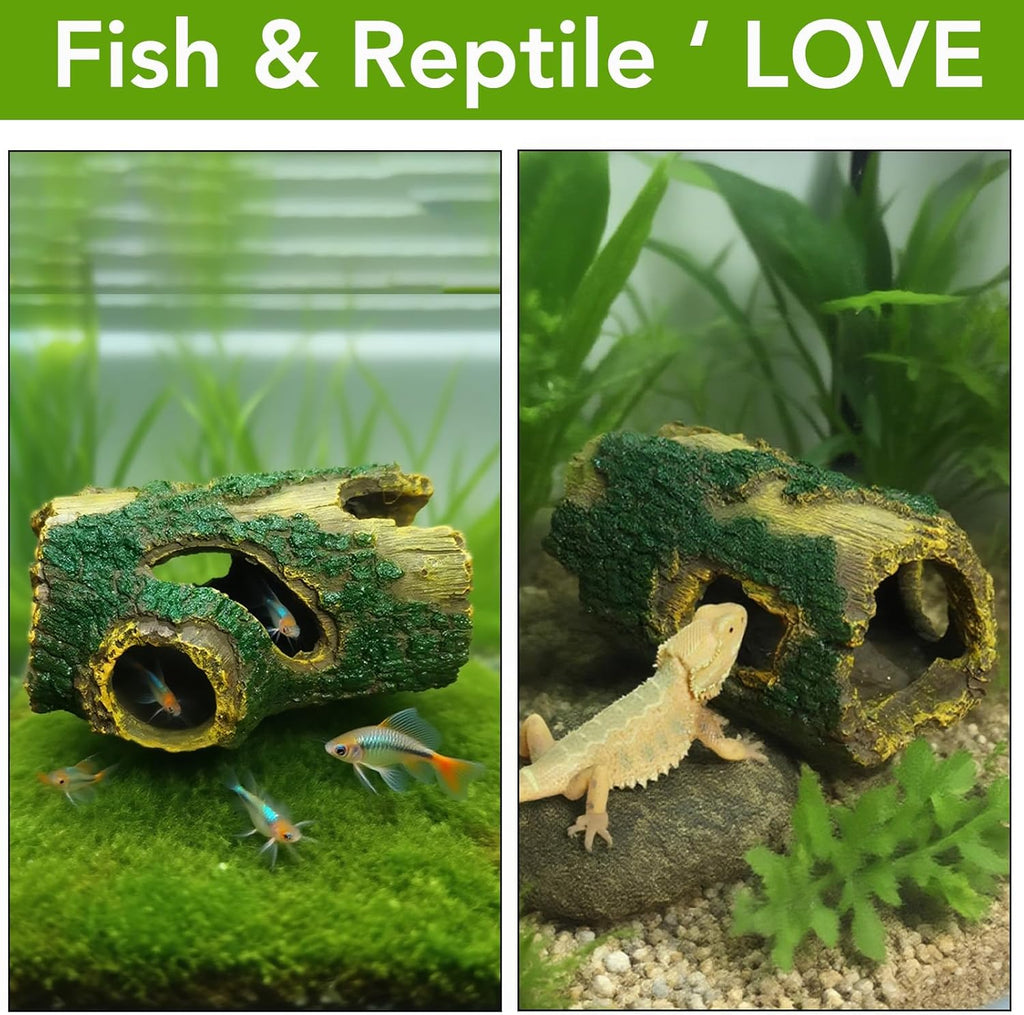Resin Hollow Tree Trunk Aquarium Cave - Betta Fish Hideout & Shrimp Shelter for Fish Tanks, Terrariums (5.5" x 3.7" x 2.6", No Assembly)