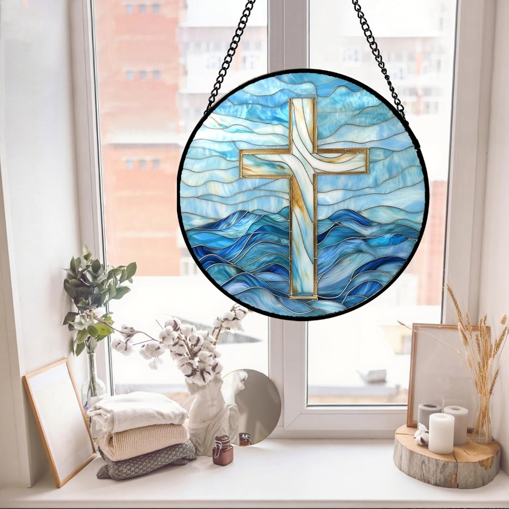 Christian Gifts for Women - Blue Cross Stained Glass Window Hanging Jesus Easter Ocean Waves Sun Catcher Garden Religion Decor Mother's Day Catholic Gift for Men Grandma Mom Her Nana 9.8"