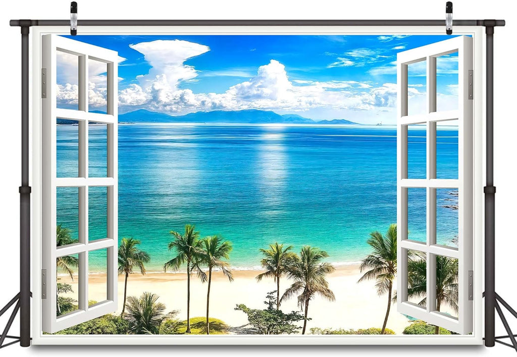 20x10ft Summer Beach Window Backdrop, Hawaii Tropical Island Palm Leaves Ocean Photography Backdrop, Wedding Pictures Birthday Party Backdrop Photo Booth Props