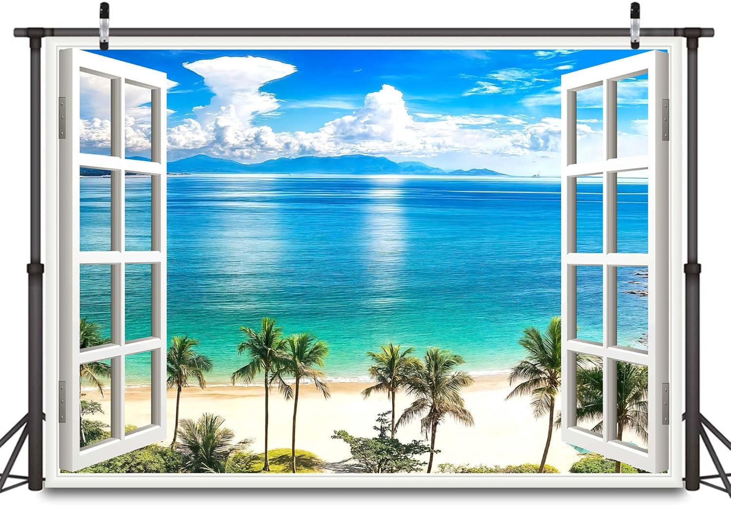 Summer Beach Window Backdrop, Hawaii Tropical Island Palm Leaves Ocean Photography Backdrop, Wedding Pictures Birthday Party Backdrop Photo Booth Props, 7X5FT (9X6FT)