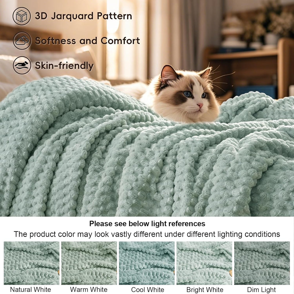PHF Ultra Soft Flannel Fleece Blanket Twin Size, Lightweight 3D Jacquard Fleece Blanket, No Shedding, No Pilling, Luxury 340GSM Aesthetic Fluffy Cozy Bedding for Bed Room Decor, 66"x90", Sage Green