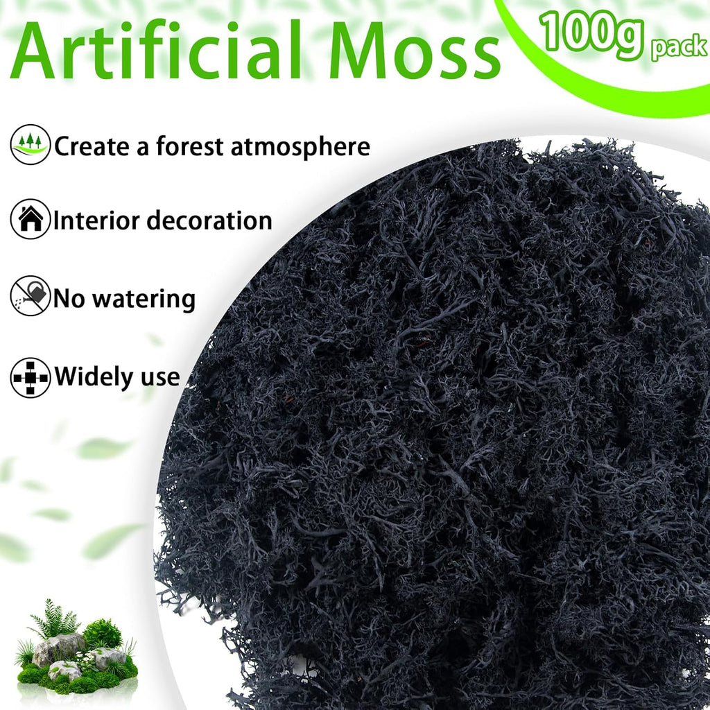 3.5 oz Artificial Moss for Plants Indoor, Fake Preserved Reindeer Moss for Centerpieces Home Decor Potted Plants Crafts Wedding Wall Decor(Black)