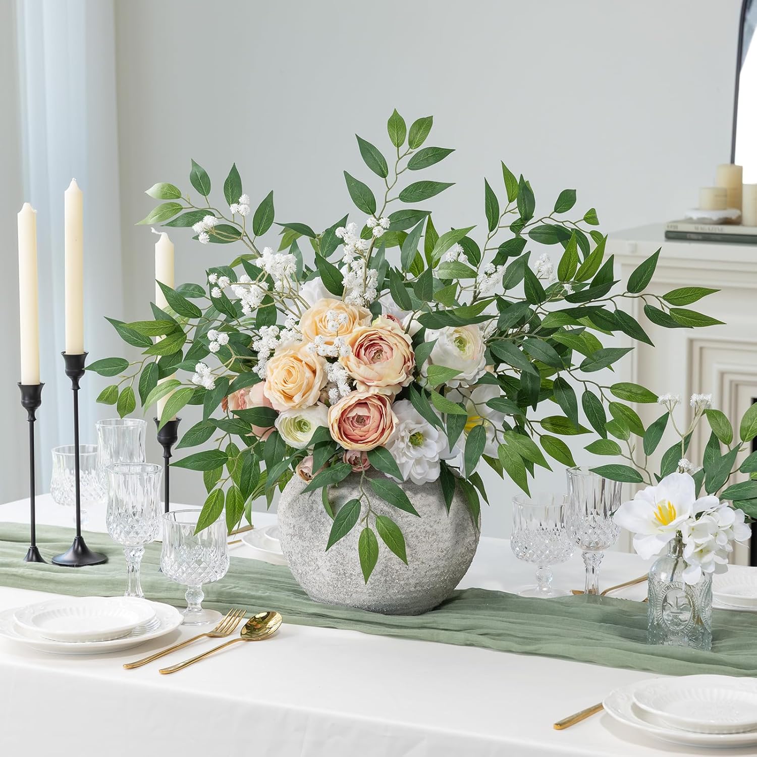 mizii 24pcs Italian Ruscus Artificial Greenery Stems Silk Green Leaves 20in Fake Spray Plants Stem Garland Greenery Decoration for Centerpieces Wedding Arch Flower Bouquet Table Room Wall Decor (24)