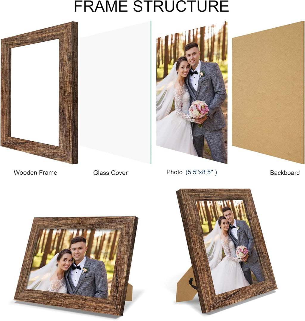 5.5x8.5 Picture Frame Set of 4, Made of Real Glass and Rustic Brown Frame, 5.5 by 8.5 Photo for Wall or Tabletop