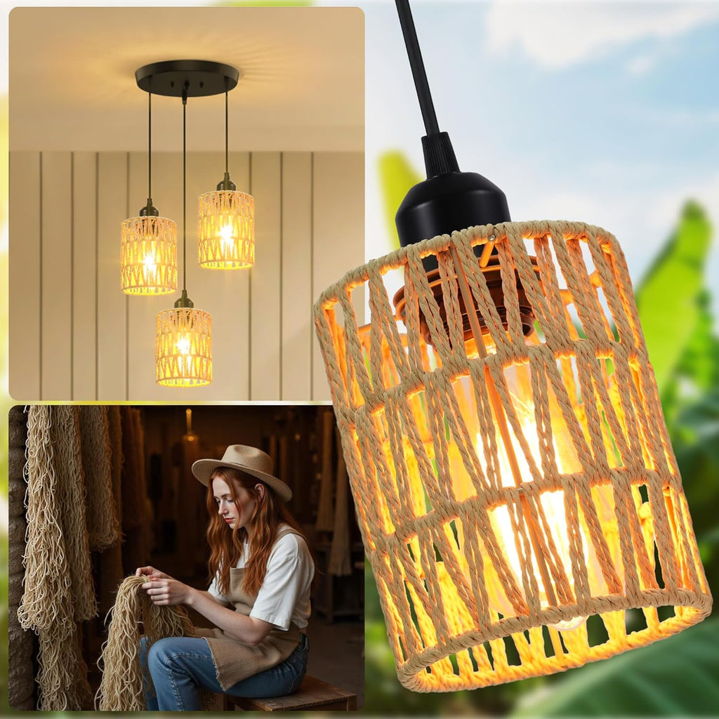 3-Light Rattan Pendant Light, Farmhouse Boho Hanging Light Fixture with Hand-Woven Wicker Shades for Dining Room, Kitchen Island, Bedroom, Living Room, Foyer, Hallway