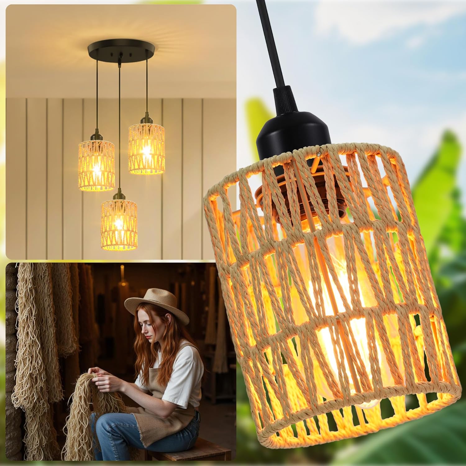 3-Light Rattan Pendant Light, Farmhouse Boho Hanging Light Fixture with Hand-Woven Wicker Shades for Dining Room, Kitchen Island, Bedroom, Living Room, Foyer, Hallway