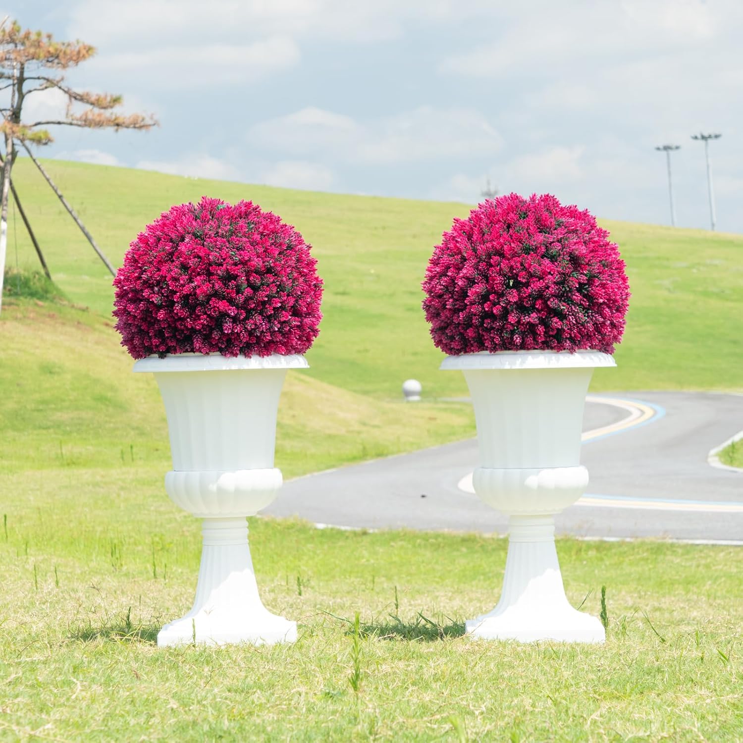 16.7 Inch Artificial Pine Cone Topiary Balls Set of 2, Rose Boxwood Balls with 7 Layers Leaves UV Protection Faux Evergreen Plants Outside Decor for Porch Garden Backyard