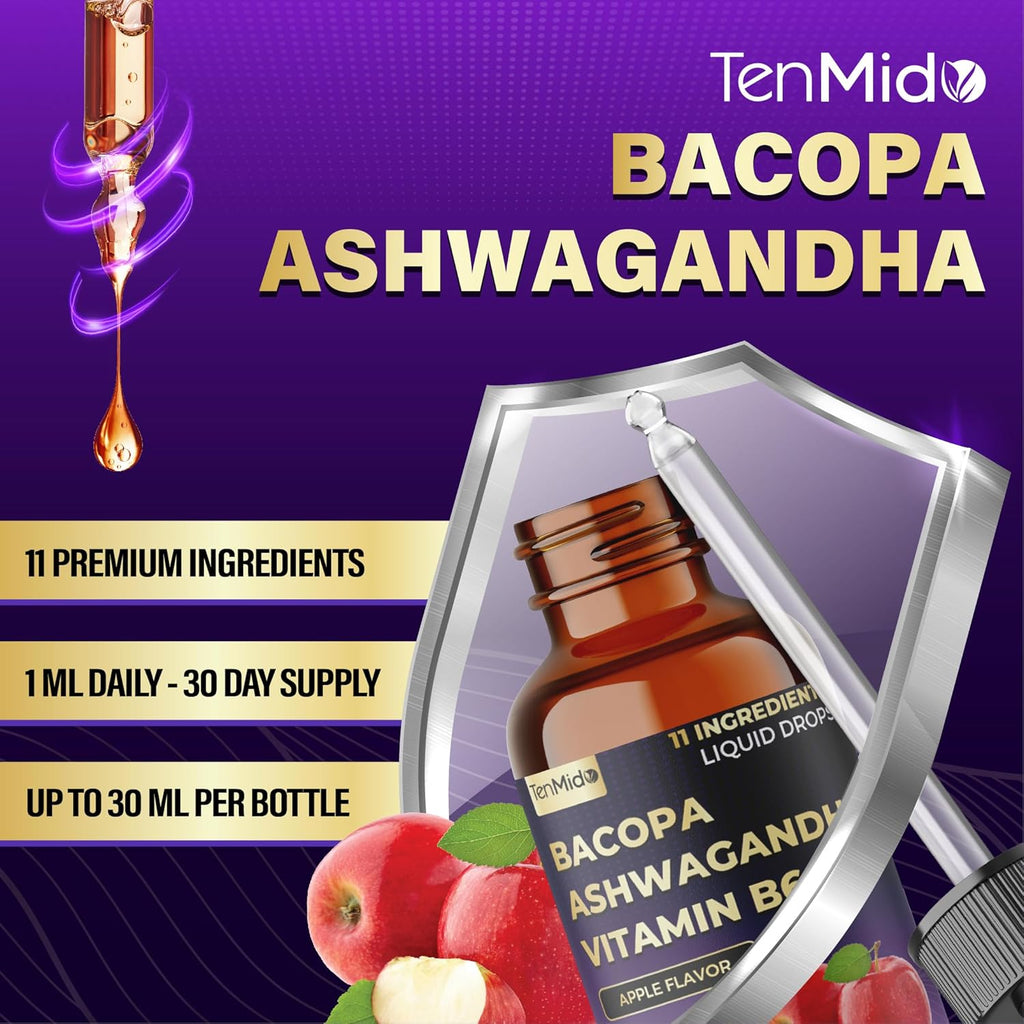 11-in-1 Bacopa Extract Liquid Drops with Ashwagandha, Lion's Mane Mushroom, Phosphatidylserine, L-Theanine, Ginkgo Biloba, Holy Basil, Turmeric, and Rhodiola Rosea - 30ml 1 Fl Oz