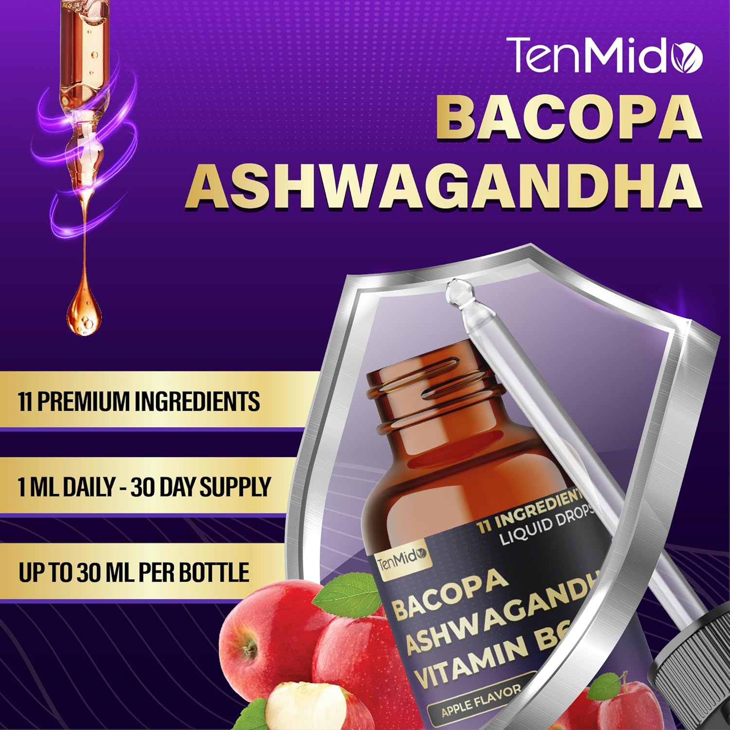 11-in-1 Bacopa Extract Liquid Drops with Ashwagandha, Lion's Mane Mushroom, Phosphatidylserine, L-Theanine, Ginkgo Biloba, Holy Basil, Turmeric, and Rhodiola Rosea - 30ml 1 Fl Oz
