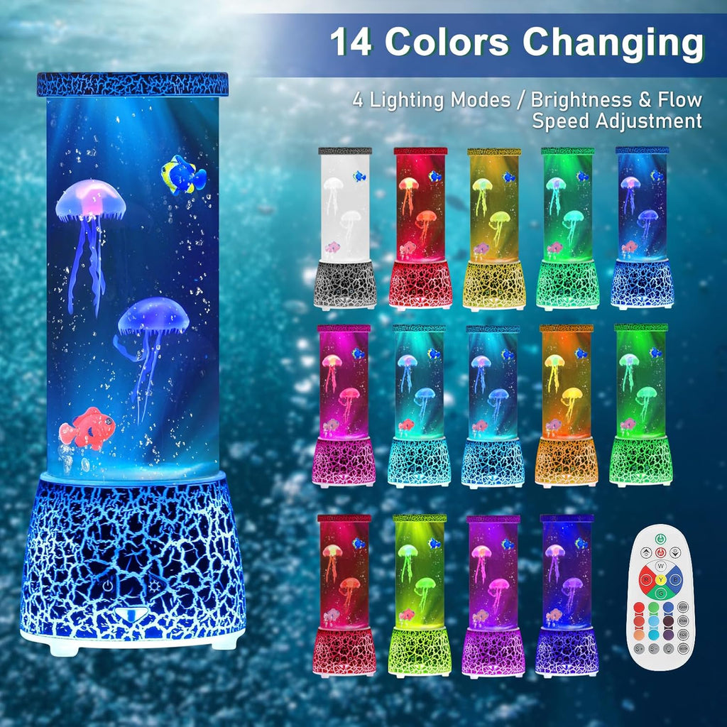 PINPON Jellyfish Lamp with Remote Control Flow Speed, 14 Color Changing, USB & Battery Powered(NOT Included), 4 Lighting Modes, Aquarium Mood Light for Relax, Cracked Design