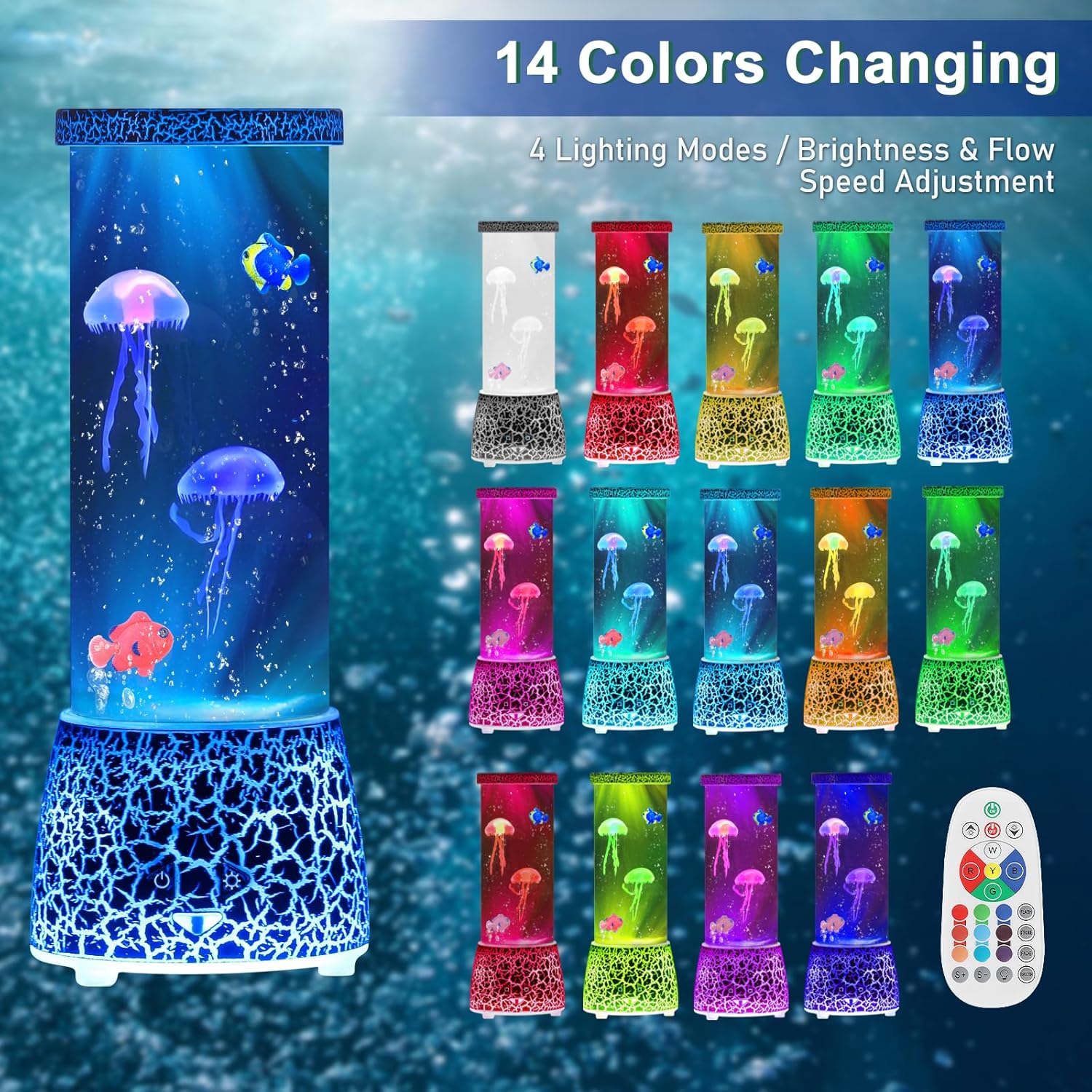PINPON Jellyfish Lamp with Remote Control Flow Speed, 14 Color Changing, USB & Battery Powered(NOT Included), 4 Lighting Modes, Aquarium Mood Light for Relax, Cracked Design