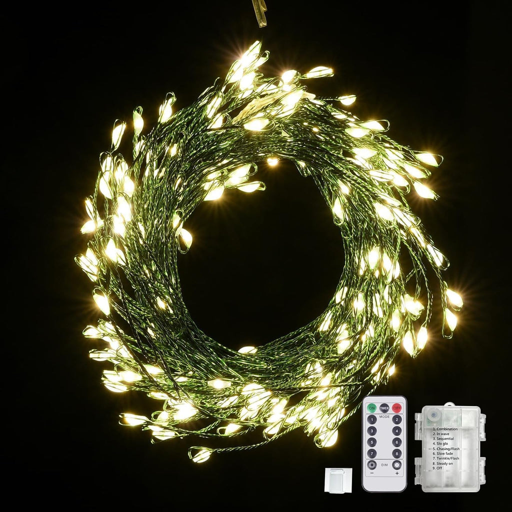 Battery Operated Fairy Lights With Remote - 200 LED Christmas Twinkle Lights With Timer, 16Ft Green Wire, Waterproof String Light for Bedroom, Garland, Outdoor Tree, Wreath - Battery Power