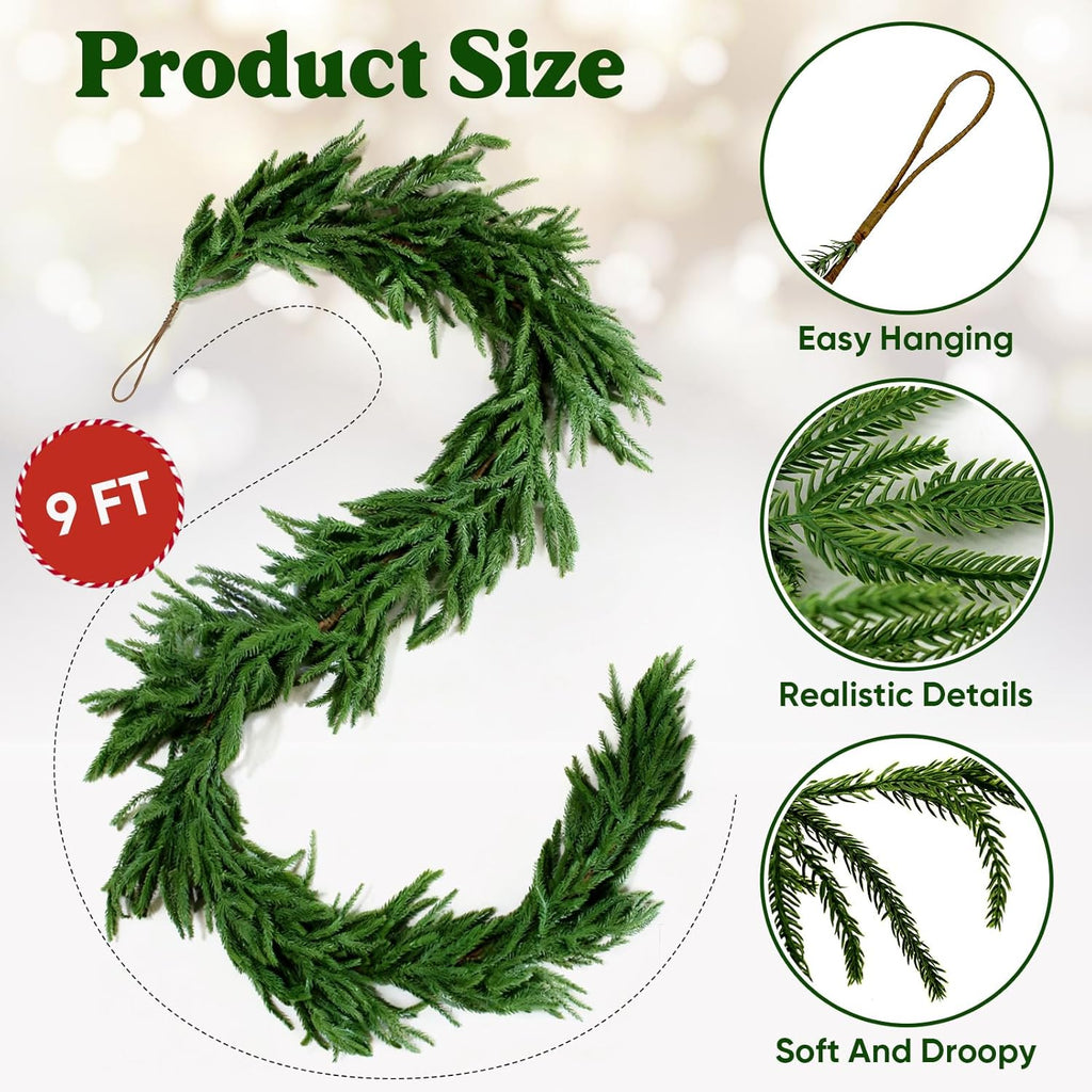 9FT Christmas Artificial Norfolk Pine Garlands for Mantle Fireplace, Real Touch Faux Greenery Pine Garland for Holiday Xmas Decorations