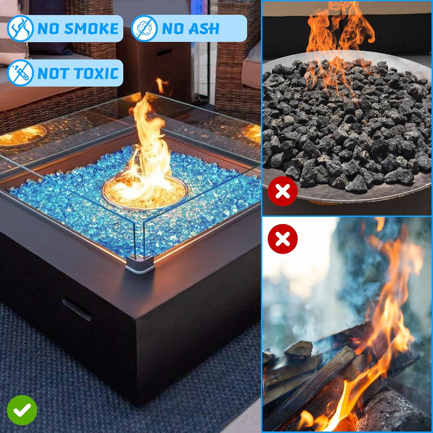 Fire Glass for Propane Firepit, Fireplace and Outdoor Decorative, Caribbean Blue Fire Pit Rocks 10LB, 1 Inch Diamond High Luster Glass Beads