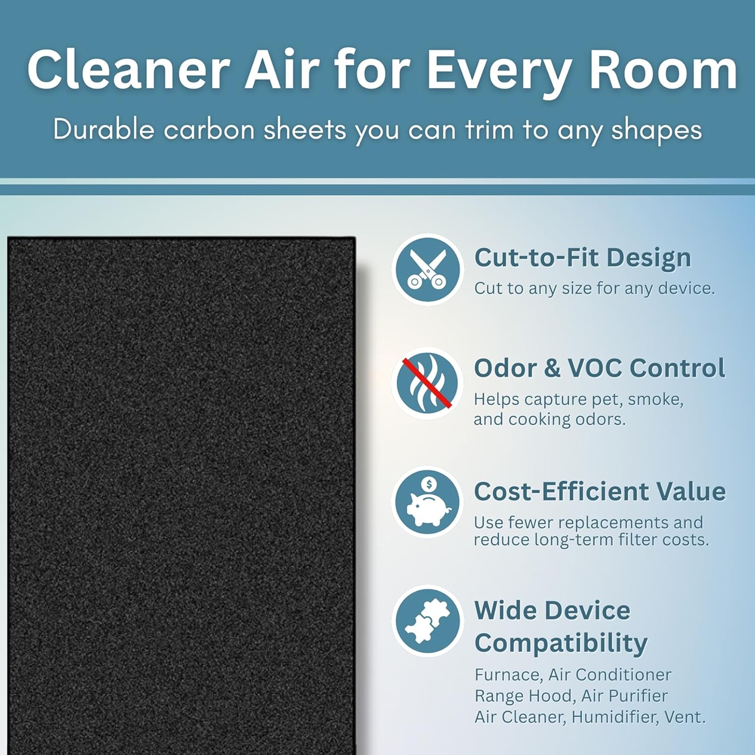 Activated Carbon Filter Pad - Cut to Fit Air Vent Filters for Home, AC, Furnace, Range Hood & Vent - Charcoal Filter Sheets Material for Dust, Odor, Smoke & Allergen Removal - 1 Pack