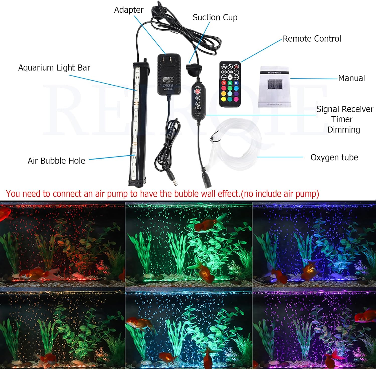Submersible Aquarium Light,LED Aquarium Air Bubble Light,RGB Color Changing Brightness Adjustable Timing Waterproof Remote Control Fish Tank Light Bar,Aquarium Light Bubbler Wall,30.7inch