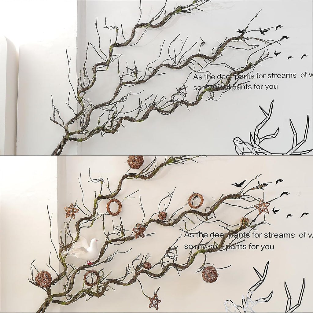 1Pcs 71inch Bendable Artificial Floral Grapevine Garland Fake Realistic Woody Tree Branches Plants Twigs Stems Trunk with Moss for Outdoor Mantel Wall Hanging Garden Halloween Jungle Room Decoration