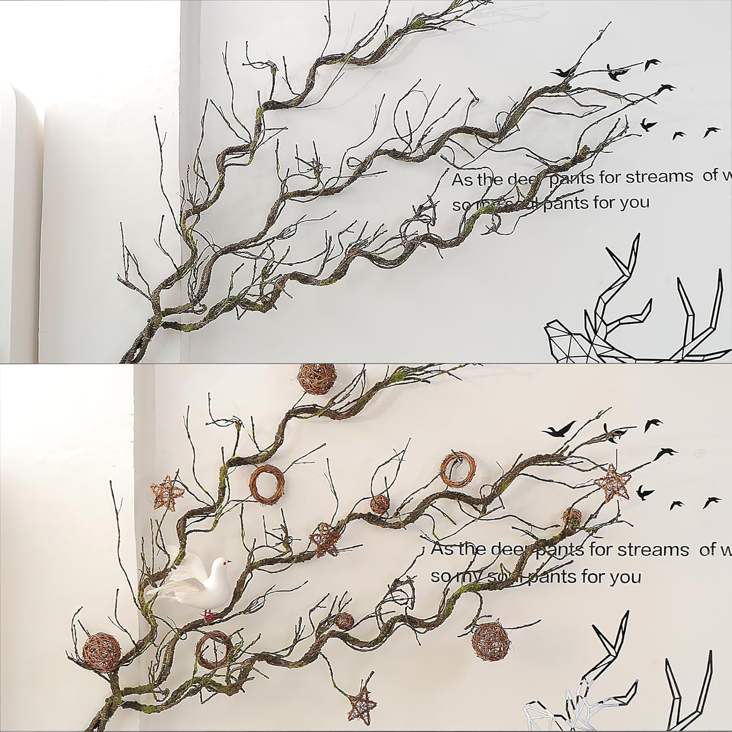 1Pcs 71inch Bendable Artificial Floral Grapevine Garland Fake Realistic Woody Tree Branches Plants Twigs Stems Trunk with Moss for Outdoor Mantel Wall Hanging Garden Halloween Jungle Room Decoration