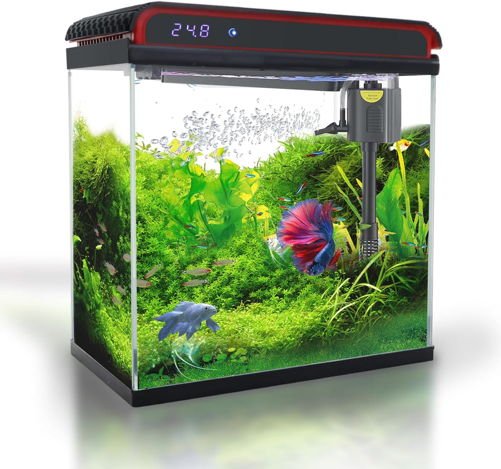 Glass 5 Gallon Fish Tank Aquarium - Smart Self-Cleaning Starter Kit with 3-Color LED Light, Ultra Quiet Pump & Filter, Temperature Monitoring for Betta Fish and Shrimp