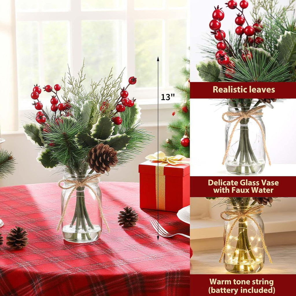 Christmas Artificial Flowers with Vase, Small Christmas Decorations with Pine Branches Red Berry Stems, Greenery Decorations Pines Stem with Cones Holly Berry Leaves for Xmas Home Holiday Season Decor